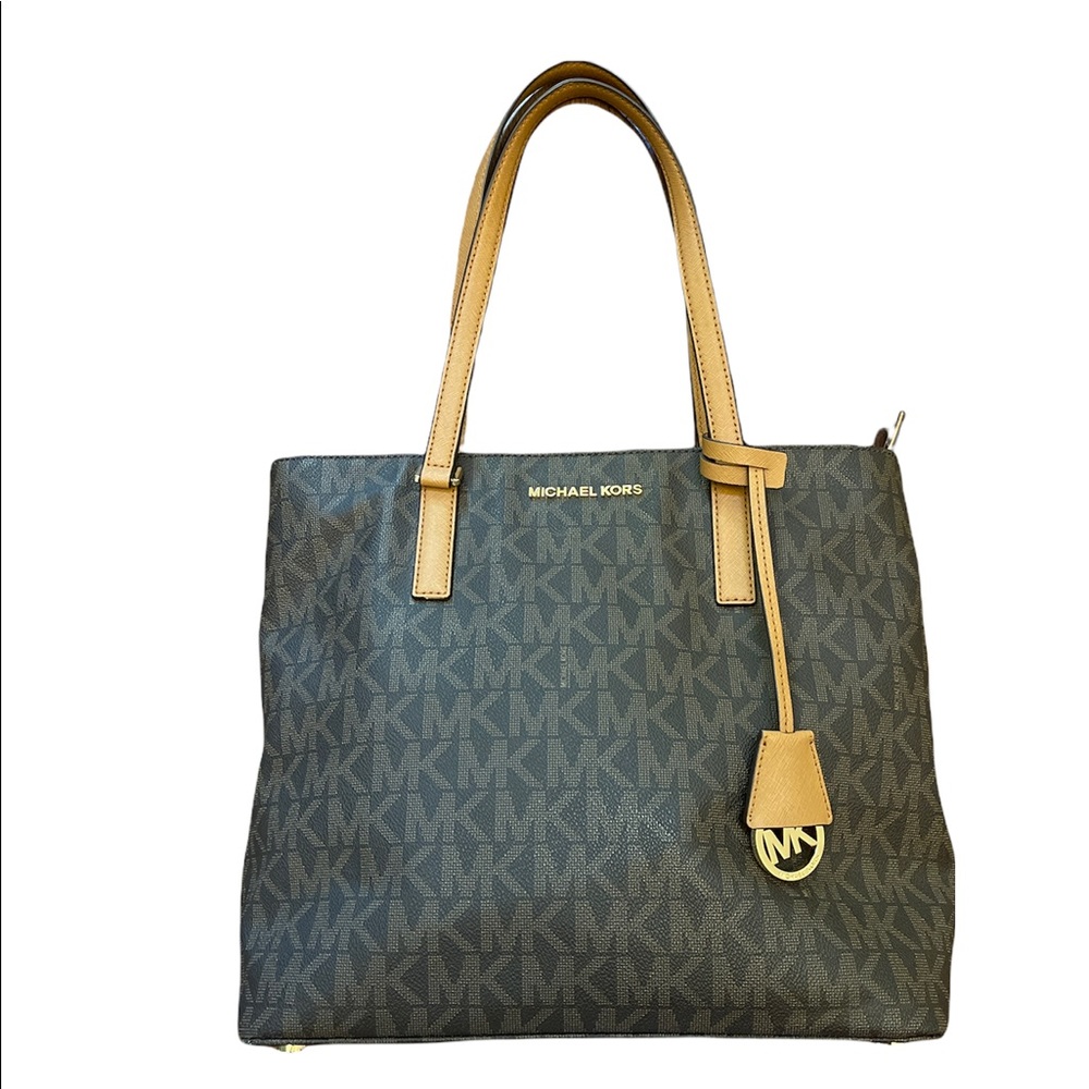 MICHAEL KORS JET SET SHOULDER BAG PURSE TOP ZIP BROWN SIGNATURE MK LOGO
